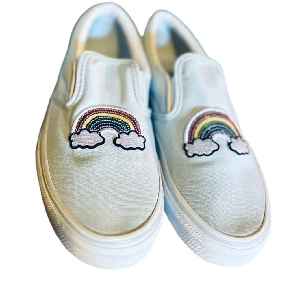 VANS SLIP-ON LIGHT BLUE SEQUINED RAINBOW ON FRONT WOMENS 8.5 JUNIORS 7 EU 39 - Picture 5 of 13